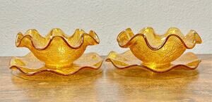 Vtg Set Amber Ruffled Fluted Marigold Fenton Depression Glass w/ Under Plates